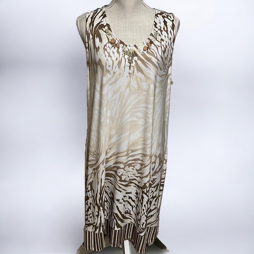 Ruby Road sleeveless dress, beaded yoke, beige. Sz XL
